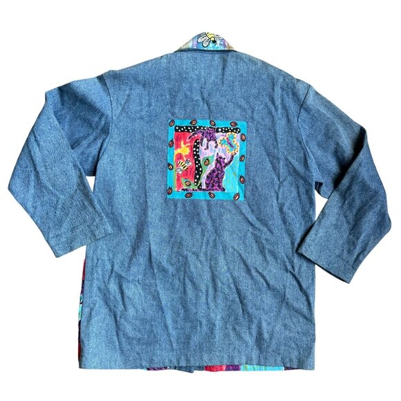 Silkscapes Jean Jacket Handpainted Cat Womens Vintage Artsy Patchwork Oversized - Picture 7 of 8